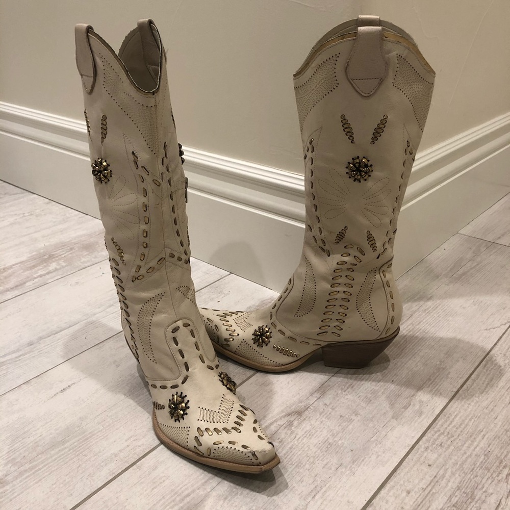 BCBG Leather Cowgirl Boots - Gold Detail